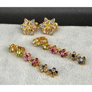 Rhinestone Clip On And Pierced Earrings 2 Pair Blue Pink Gold Tone